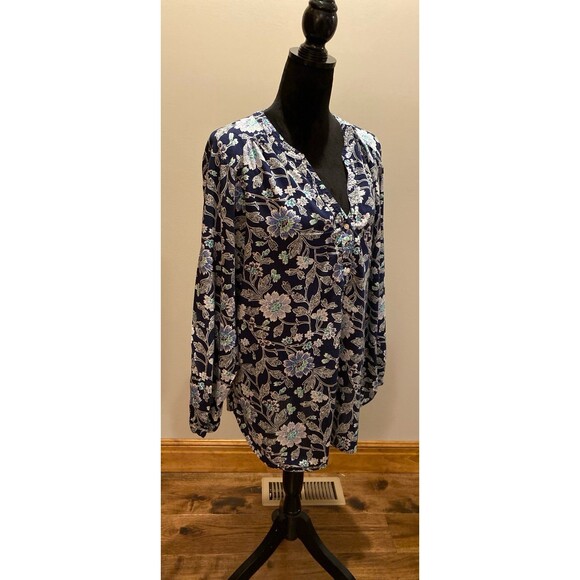 Old Navy Blouse Size XL Navy Floral Pattern   Boho Peasant Flowy Long Tunic Top - Picture 3 of 11